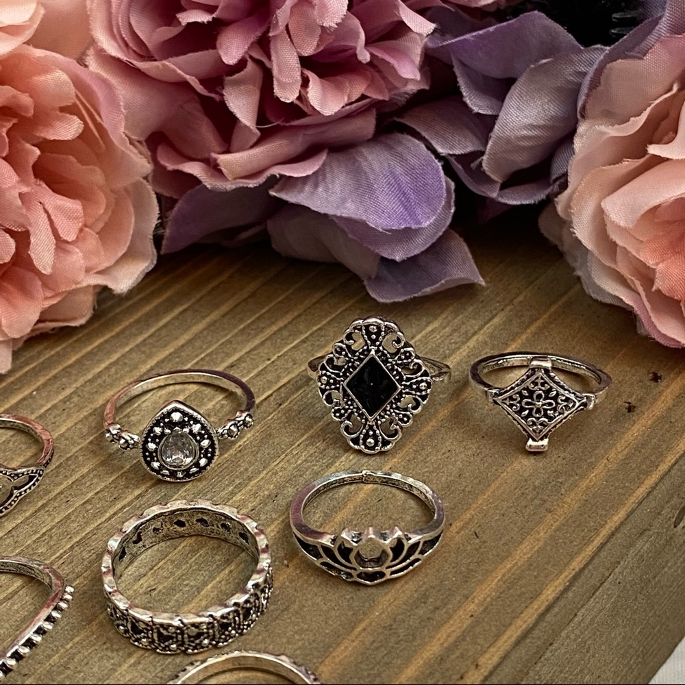 15 Pcs Boho Retro Vintage Crystal Gem Ring Set - Picture 7 of 16